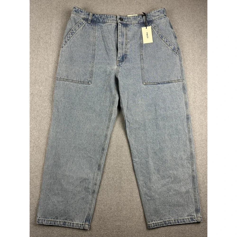 P&Co 304 Jeans Womens 18 36L Light Wash Blue Relaxed Cropped Denim Cargo NWT - Picture 1 of 12